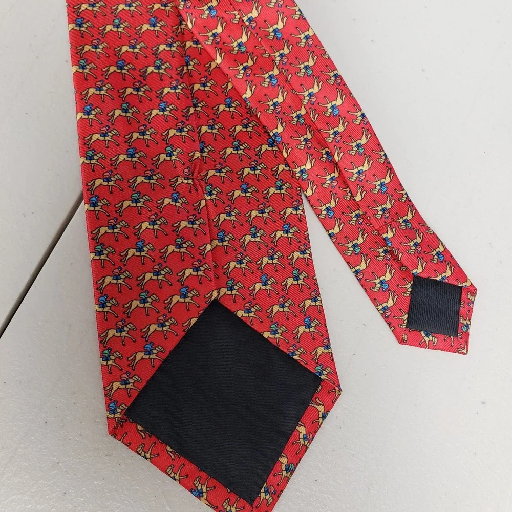 Red Silk Equestrian Necktie Horse & Jockey Pattern Classic Men's Tie 62x3.25